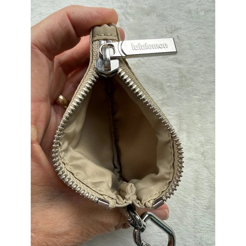 Lululemon Nano Pouch Tan Beige Keychain Coin Purse Wallet Mini Bag Silver Clip